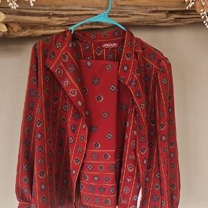 Vintage Red Geometric Women's Jacket And Skirt Set